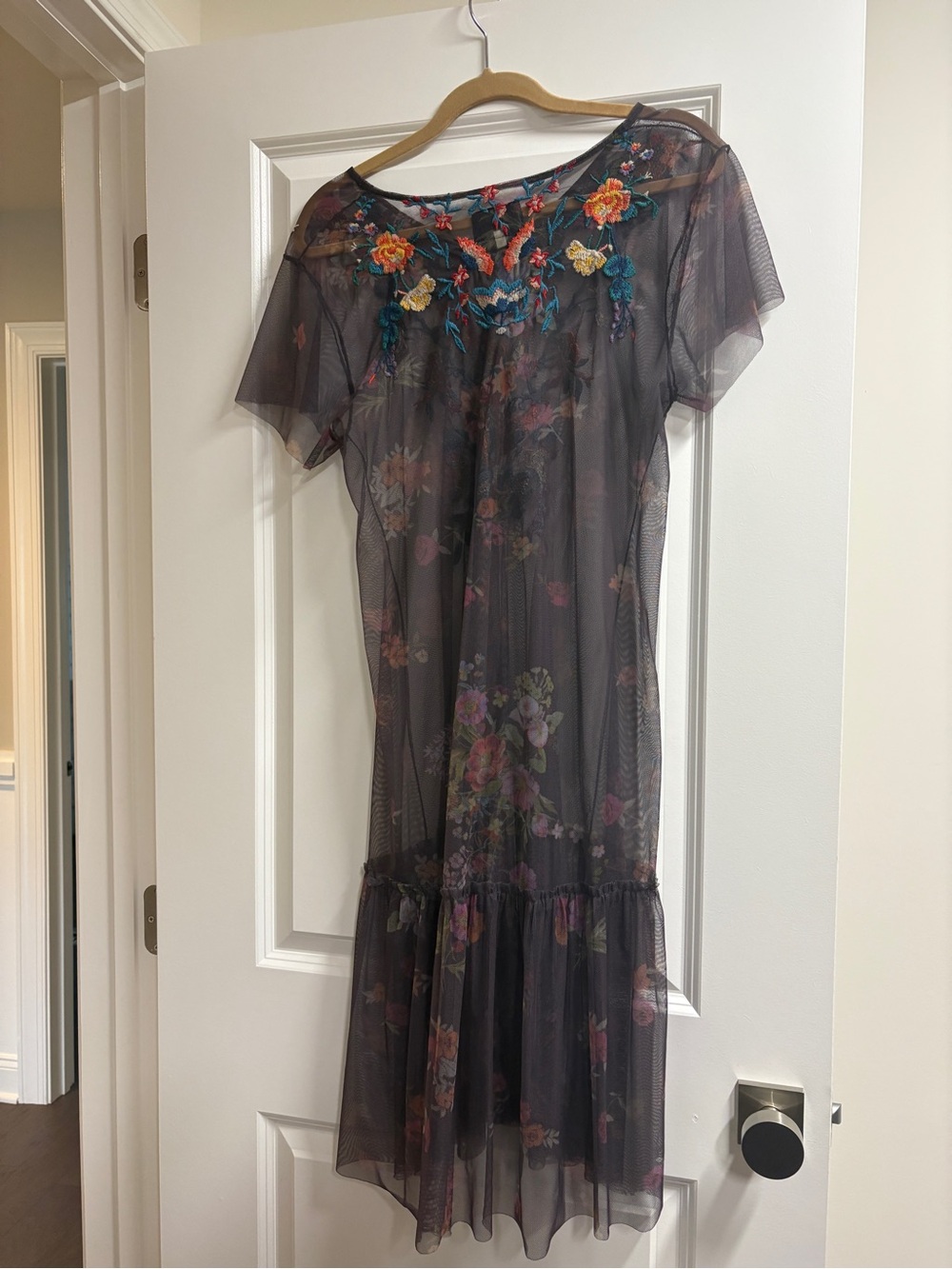 Johnny Was Black Sheer Midi Dress with Multicolor Floral Embroidery - Picture 3 of 4